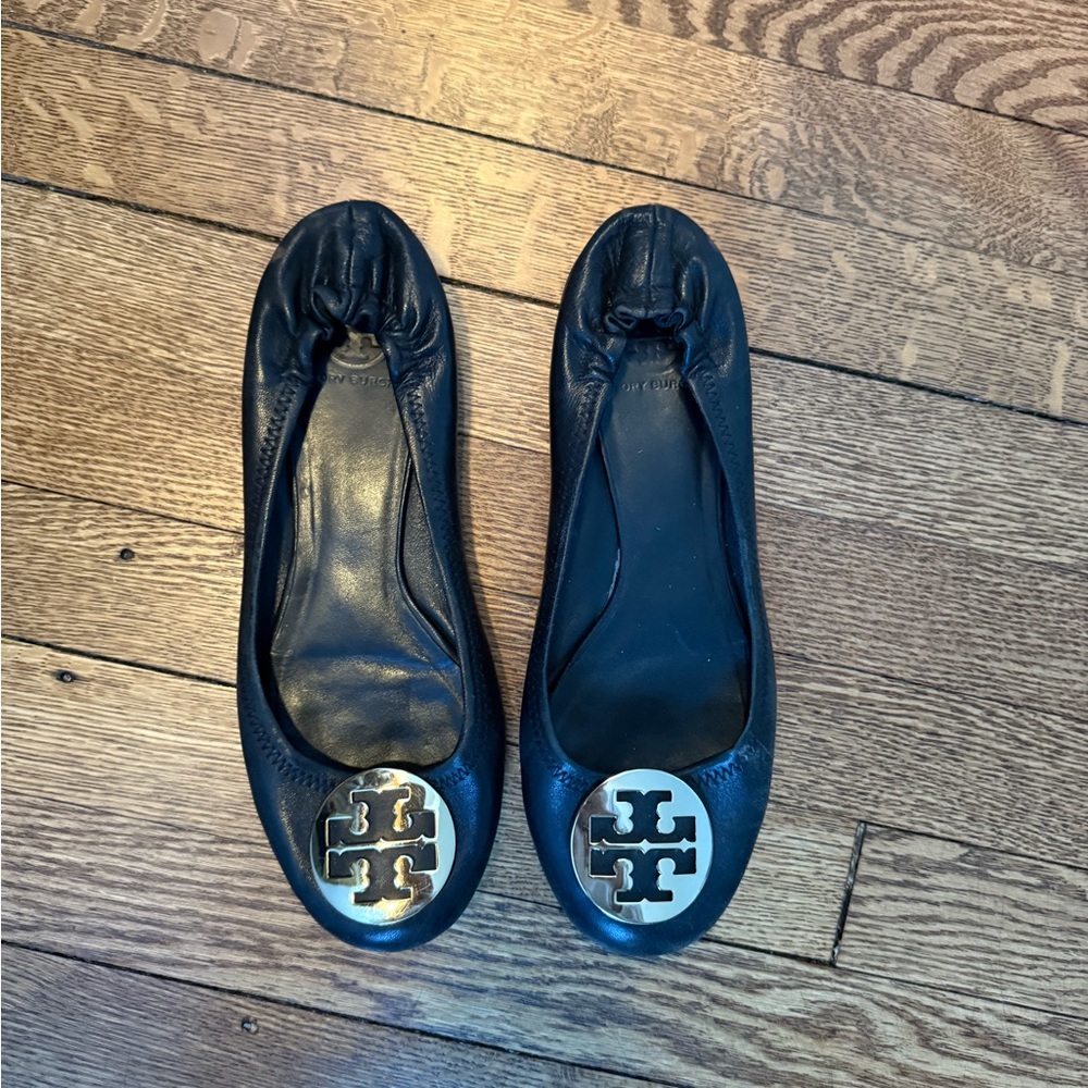 Tory Burch Black and Gold Flats with Iconic Logo